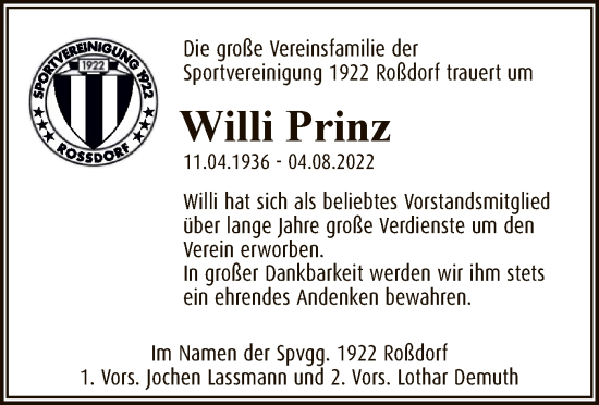 Traueranzeige von Willi Prinz von OF