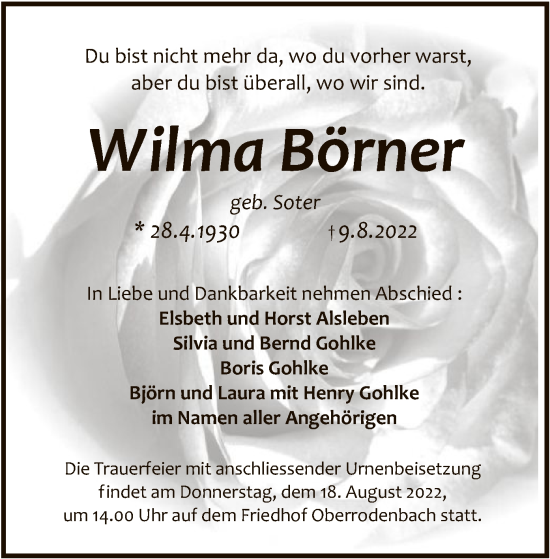 Traueranzeige von Wilma Börner von OF