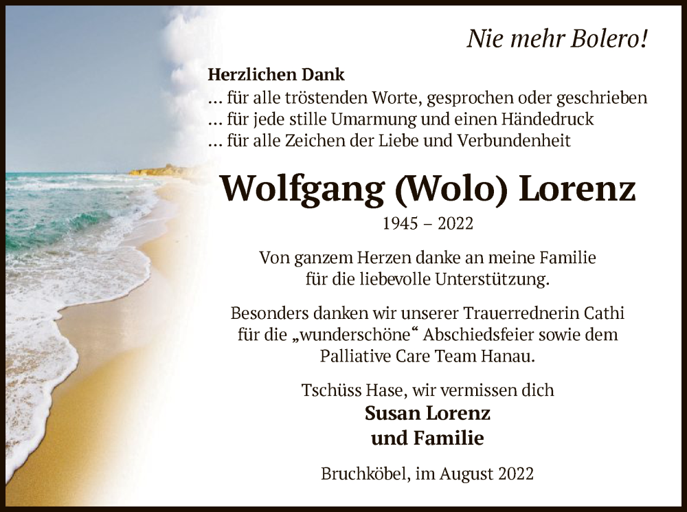  Traueranzeige für Wolfgang  Lorenz vom 06.08.2022 aus OF