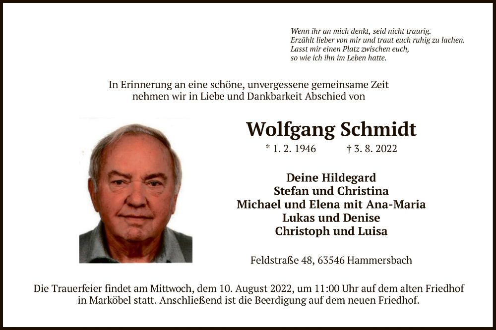 Traueranzeige für Wolfgang Schmidt vom 06.08.2022 aus OF