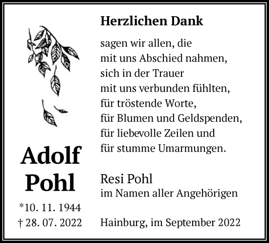 Traueranzeige von Adolf Pohl von OF