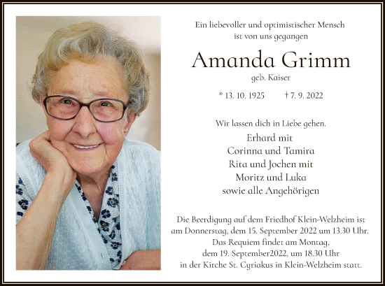 Traueranzeige von Amanda Grimm von OF