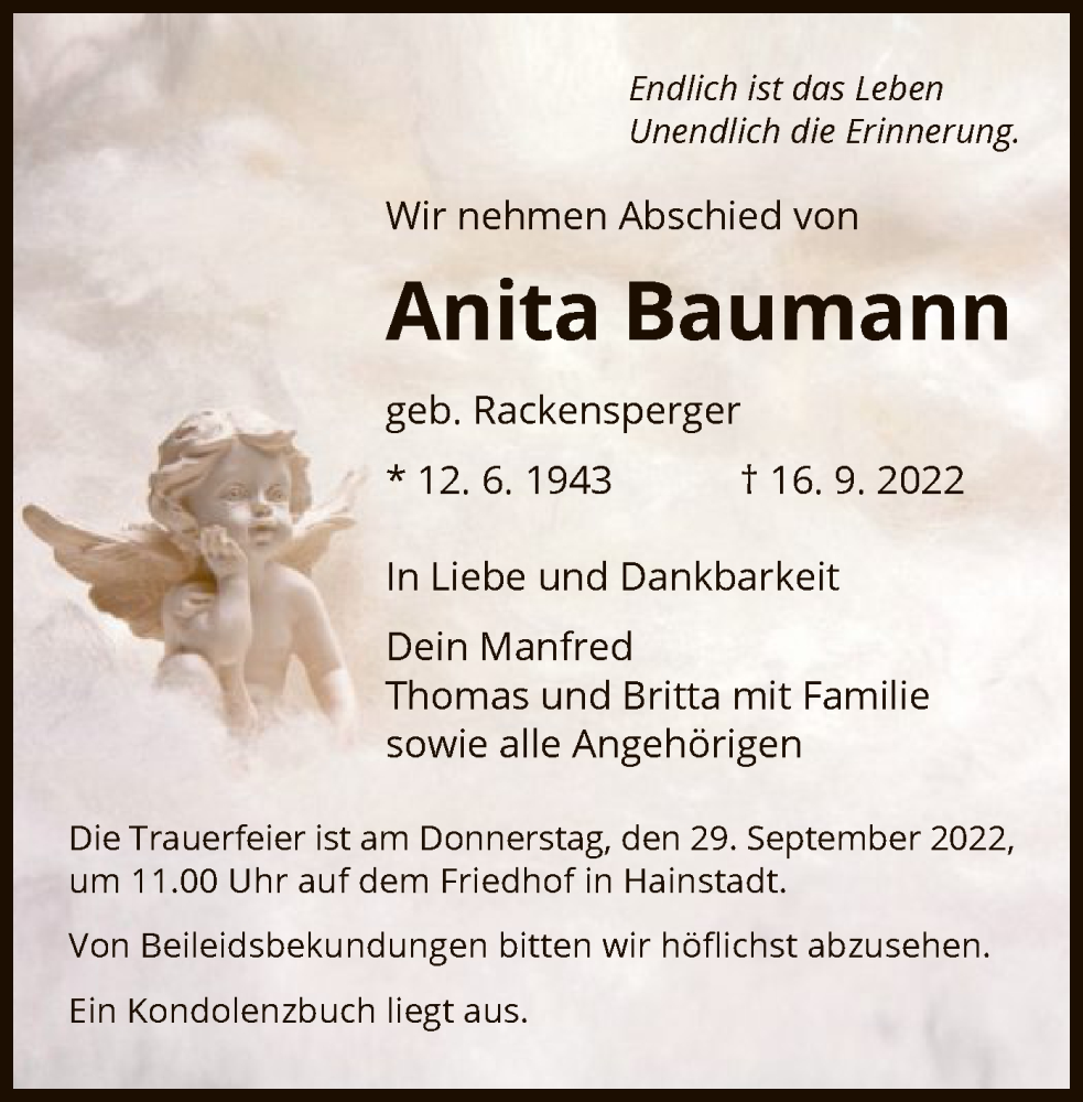  Traueranzeige für Anita Baumann vom 21.09.2022 aus OF