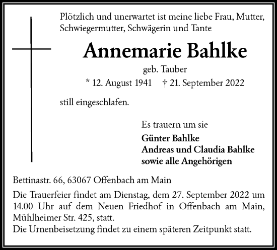 Traueranzeige von Annemarie Bahlke von OF