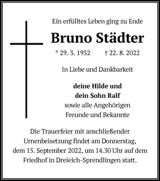 Traueranzeige von Bruno Städter von OF