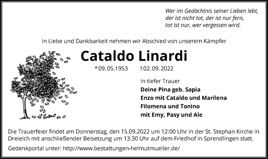 Traueranzeige von Cataldo Linardi von OF