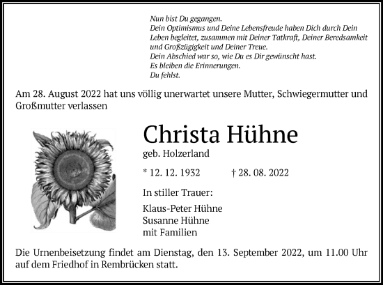 Traueranzeige von Christa Hühne von OF