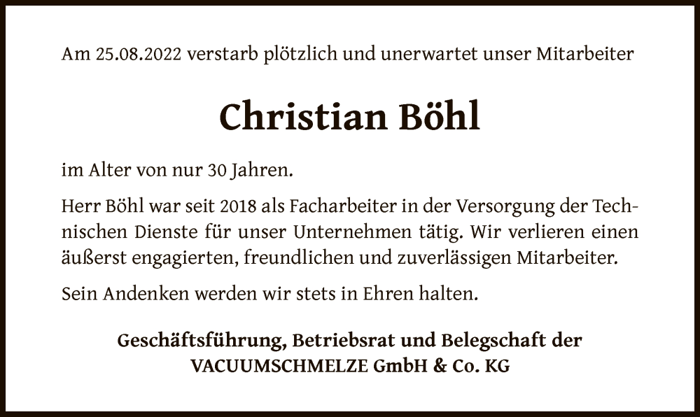  Traueranzeige für Christian Böhl vom 01.09.2022 aus OF