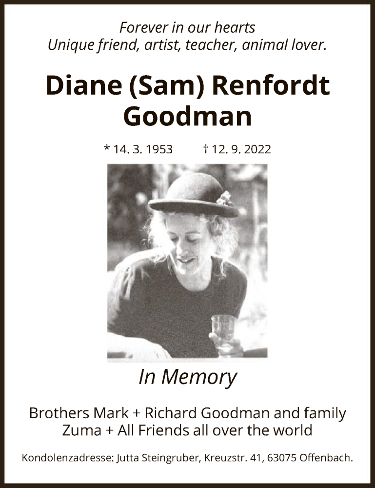  Traueranzeige für Diane Renfordt Goodman vom 23.09.2022 aus OF