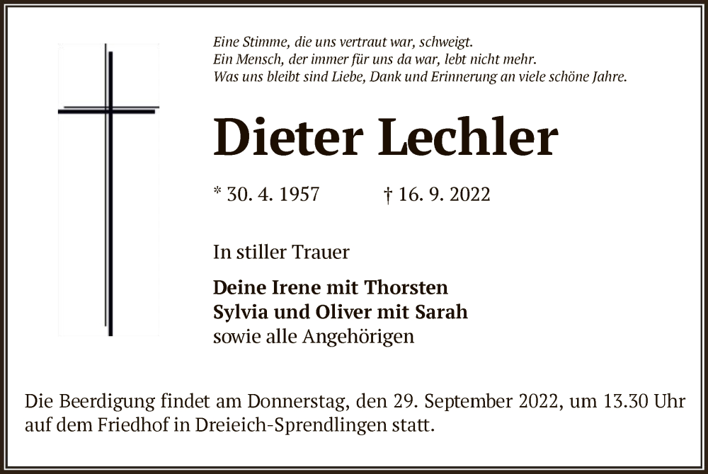  Traueranzeige für Dieter Lechler vom 24.09.2022 aus OF