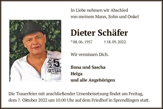 Traueranzeige von Dieter Schäfer von OF