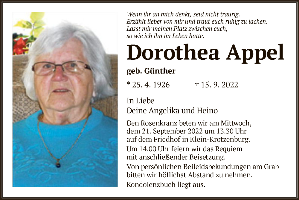  Traueranzeige für Dorothea Appel vom 20.09.2022 aus OF