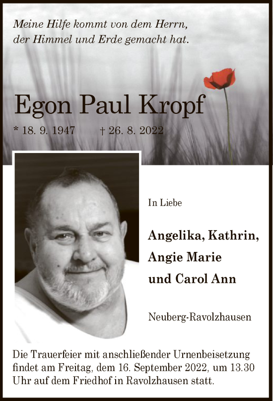 Traueranzeige von Egon Paul Kropf von OF