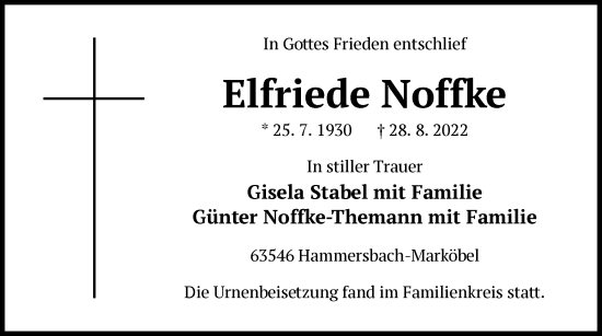 Traueranzeige von Elfriede Noffke von OF