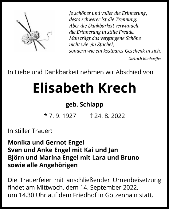 Traueranzeige von Elisabeth Krech von OF