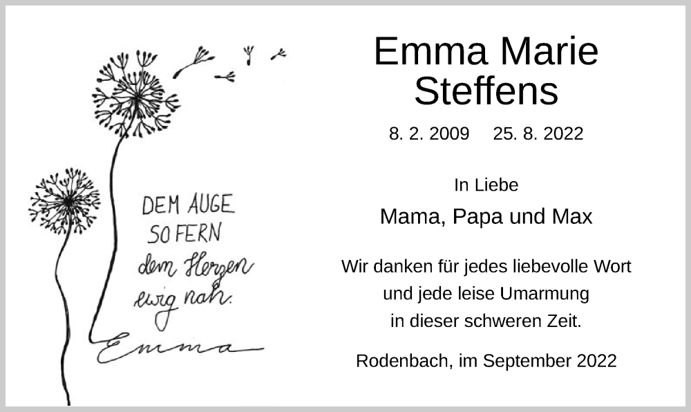  Traueranzeige für Emma Marie Steffens vom 24.09.2022 aus OF