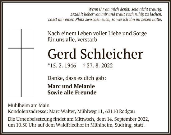 Traueranzeige von Gerd Schleicher von OF