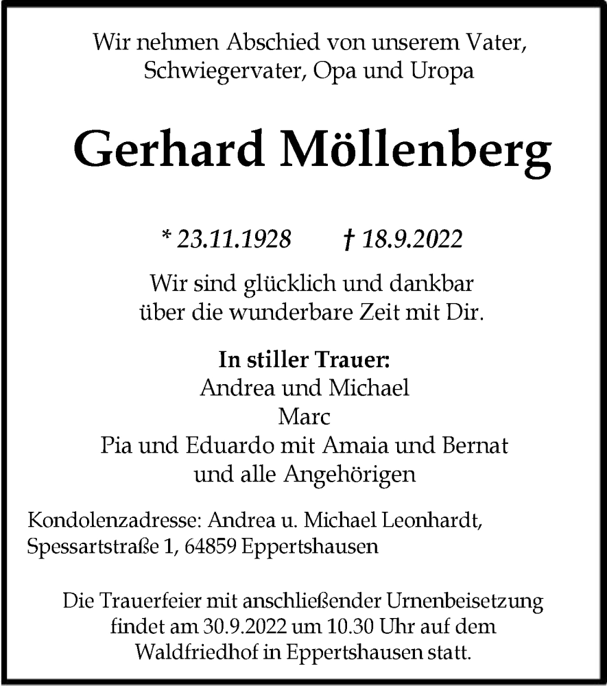  Traueranzeige für Gerhard Möllenberg vom 24.09.2022 aus OF