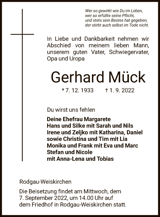 Traueranzeige von Gerhard Mück von OF