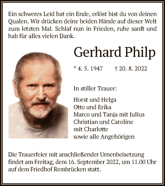 Traueranzeige von Gerhard Philp von OF