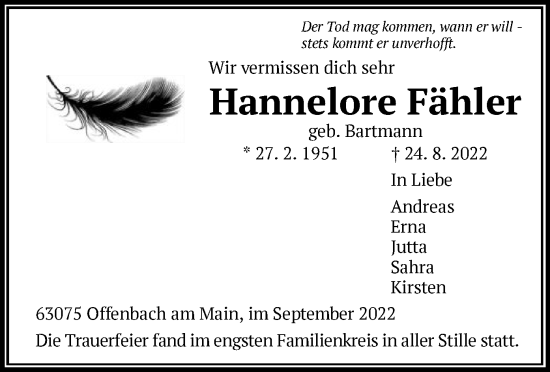 Traueranzeige von Hannelore Fähler von OF