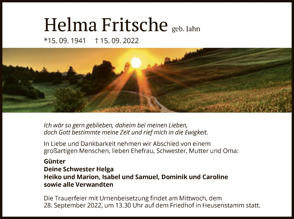  Traueranzeige für Helma Fritsche vom 24.09.2022 aus OF