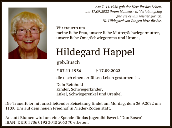 Traueranzeige von Hildegard Happel von OF