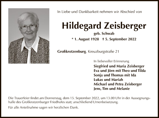 Traueranzeige von Hildegard Zeisberger von OF