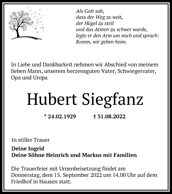 Traueranzeige von Hubert Siegfanz von OF