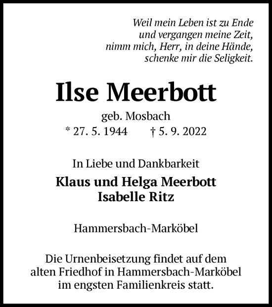 Traueranzeige von Ilse Meerbott von OF