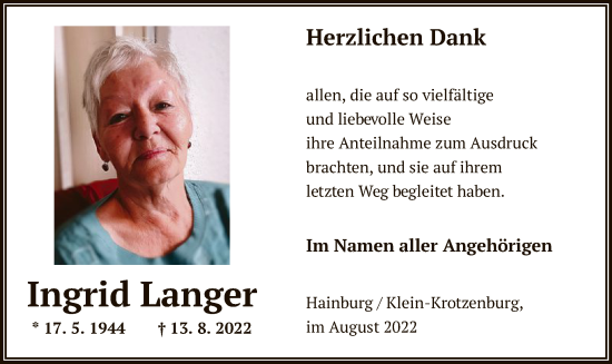 Traueranzeige von Ingrid Langer von OF