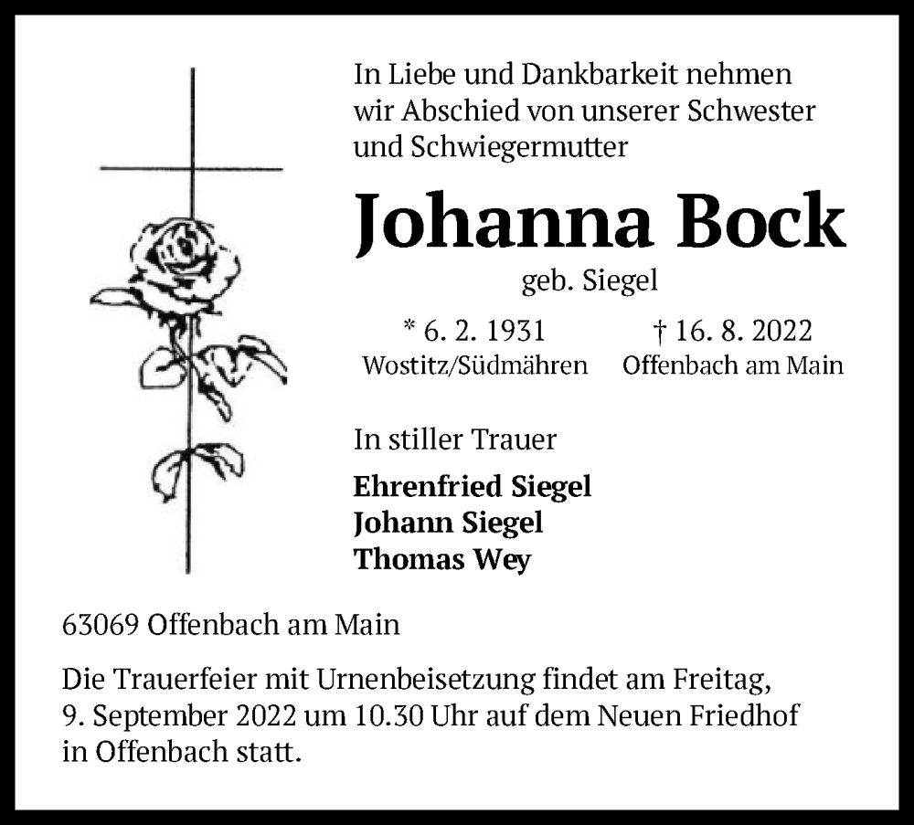  Traueranzeige für Johanna Bock vom 06.09.2022 aus OF