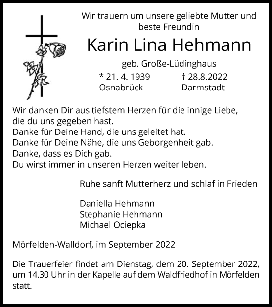 Traueranzeige von Karin Lina Hehmann von OF