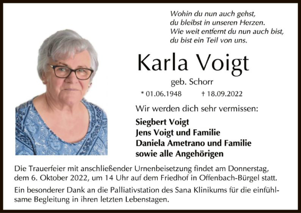  Traueranzeige für Karla Voigt vom 28.09.2022 aus OF