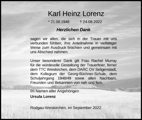 Traueranzeige von Karl Heinz Lorenz von OF