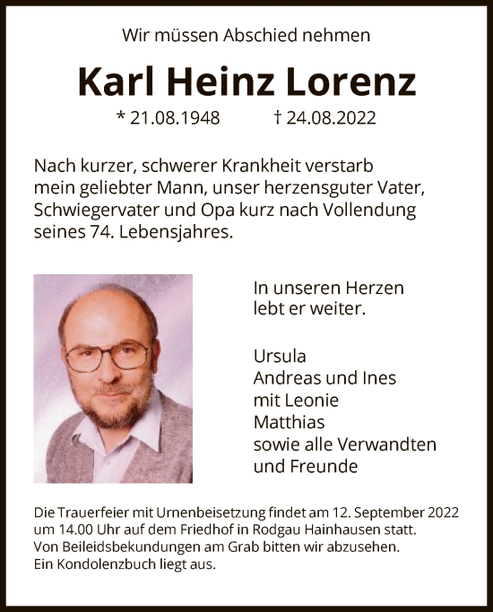 Traueranzeige von Karl Heinz Lorenz von OF