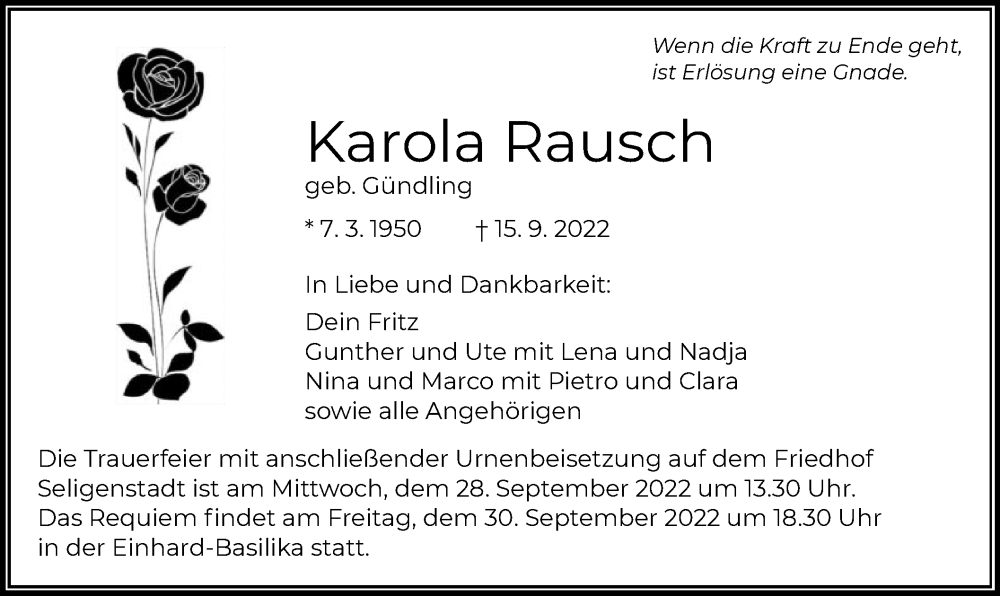  Traueranzeige für Karola Rausch vom 24.09.2022 aus OF