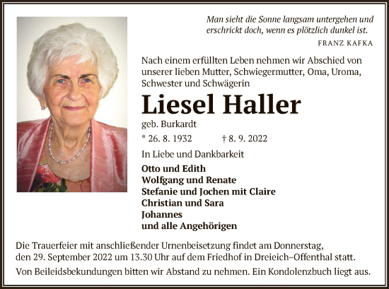 Traueranzeige von Liesel Haller von OF