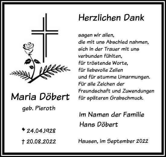 Traueranzeige von Maria Döbert von OF