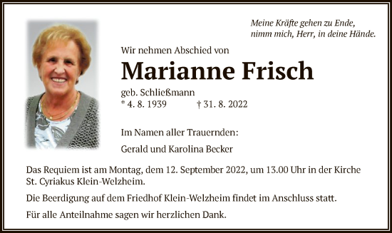 Traueranzeige von Marianne Frisch von OF