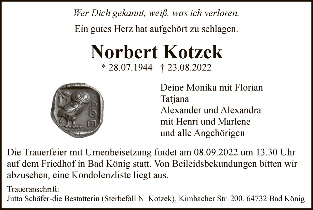  Traueranzeige für Norbert Kotzek vom 07.09.2022 aus OF