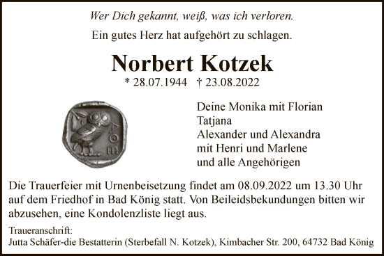 Traueranzeige von Norbert Kotzek von OF