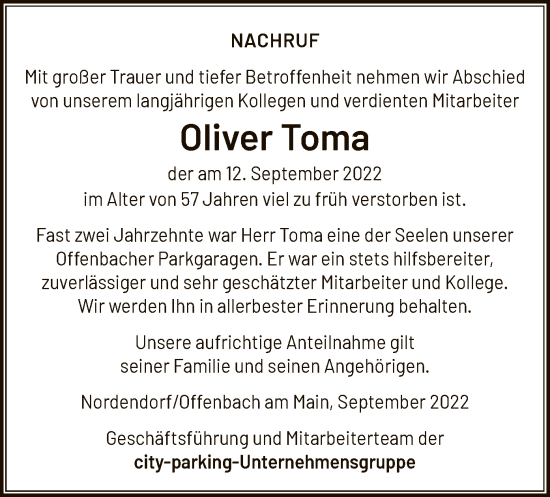 Traueranzeige von Oliver Toma von OF