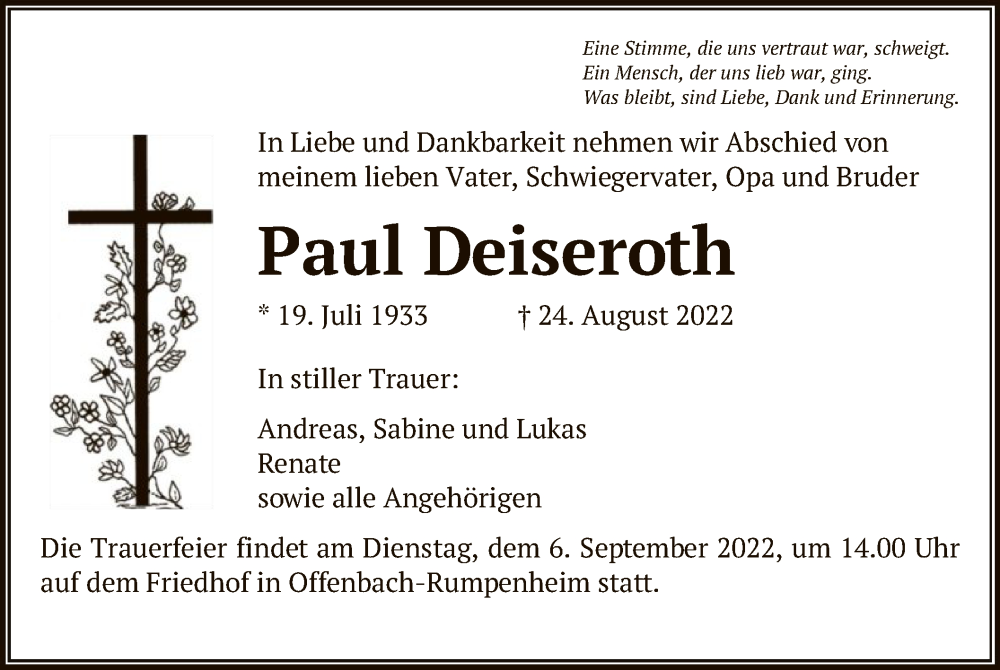 Traueranzeigen Von Paul Deiseroth Trauer Op Online De