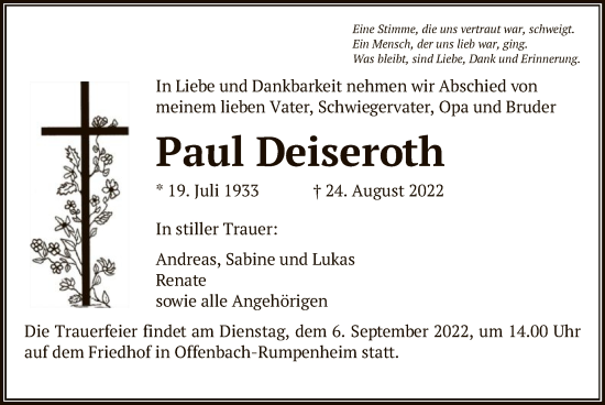 Traueranzeige von Paul Deiseroth von OF