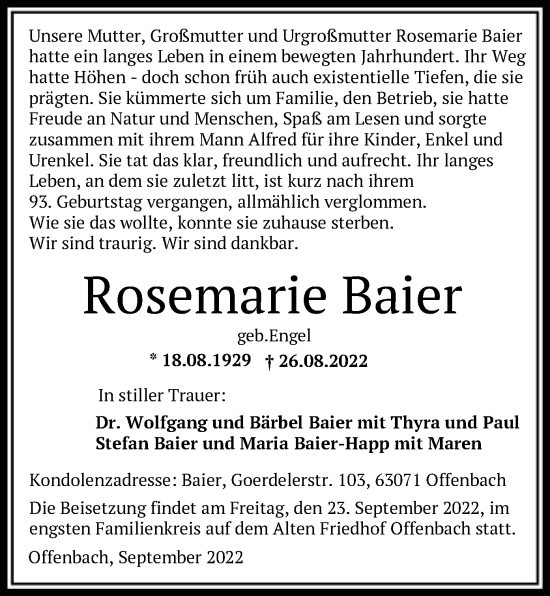 Traueranzeige von Rosemarie Baier von OF