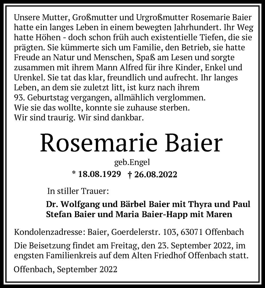  Traueranzeige für Rosemarie Baier vom 23.09.2022 aus OF