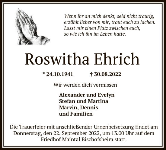 Traueranzeige von Roswitha Ehrich von OF