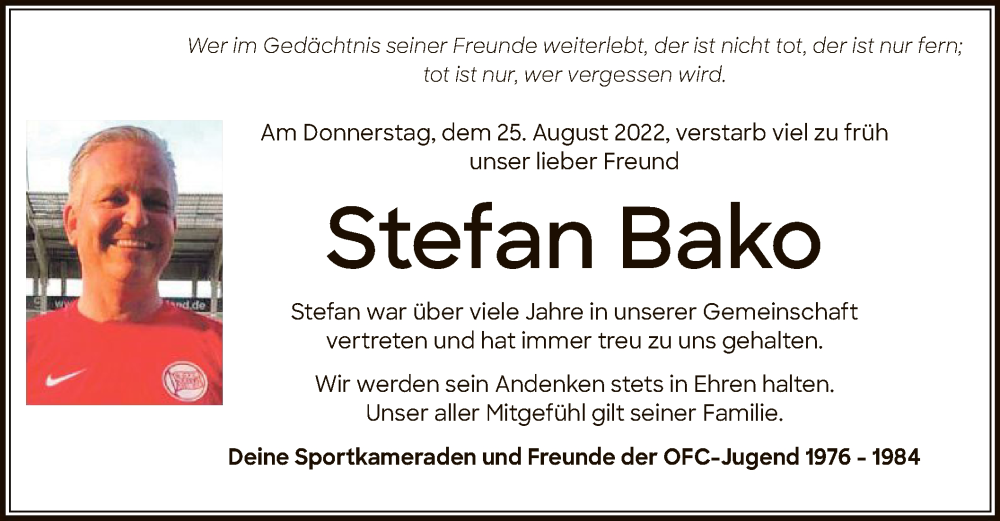  Traueranzeige für Stefan Bako vom 10.09.2022 aus OF