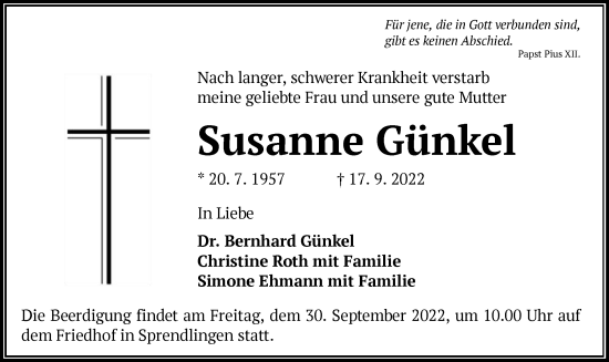 Traueranzeige von Susanne Günkel von OF